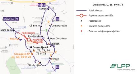 Obvozi linij LPP v času popolne zapore Adamičeve ceste, v zadnjem tednu marca (faza 1)